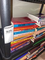 Shelf with stacked books showing various titles including 'Shamanism: A Beginner's Guide', 'Distant Neighbors', and 'Sacred Power in Your Name.'