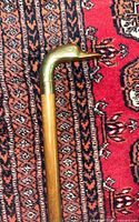 Close-up of the brass duck head handle on the cane showing detail and patina.