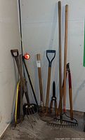 View of all garden tools leaning against wall including rakes, pitch fork, crow bar, shears, axe and spare wheel