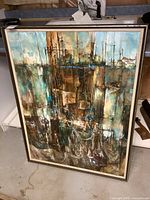 Full view of the oil painting showing abstract composition with blue, brown, and green hues.