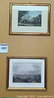 Photo showing two framed prints hanging on a wall, the upper titled 'Die Hanfbrecherinnen' and the lower a view of Halifax.