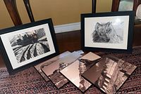 Two framed artworks including a wolf sketch and a landscape, plus four unframed sepia-tone travel print plaques arranged on a rug.