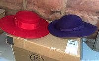 Photo showing two vintage felt hats side by side on a cardboard box against a basement wall. One hat is bright red and flat-topped, the other is purple with a ribbon band.