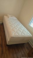 Full view of twin mattress on base with pillow