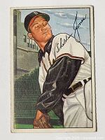 Front side of 1952 Bowman baseball card featuring Sheldon Jones in Boston Braves uniform in pitching pose.