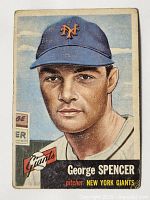 Front of 1953 Topps George Spencer baseball card showing player portrait and team logo.