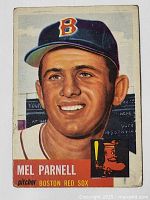 Front view of the 1953 Topps Mel Parnell baseball card showing an illustrated portrait of the player in a Red Sox cap with team name and player details