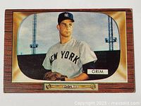Full 1955 Bowman baseball card with woodgrain TV frame featuring Bob Grim in Yankees uniform.