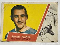 Front of the 1963-64 Topps Jacques Plante hockey card showing player portrait and team details.