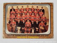 Front photo of the 1966-67 Topps Montreal Canadiens team card showing the team in red jerseys with Stanley Cup trophies and text.