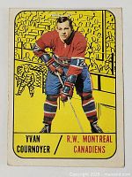 Front side of 1967-68 Topps Yvan Cournoyer hockey card showing player image in Montreal Canadiens uniform on ice rink background.