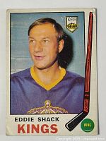 Front photo of 1969-70 O-Pee-Chee Eddie Shack hockey card wearing Los Angeles Kings jersey with team logo, card number 139.