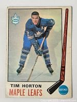 Front of the Tim Horton hockey card featuring Maple Leafs uniform and player pose.