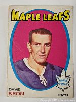 Front of 1971-72 OPC Dave Keon hockey card showing player's portrait and team name.