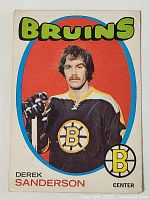 Front side of the 1971-72 Derek Sanderson hockey card with colorful team logo and player portrait.