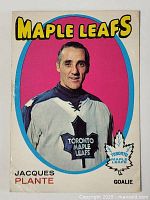 Front of 1971-72 O-Pee-Chee Jacques Plante hockey card in Toronto Maple Leafs uniform.