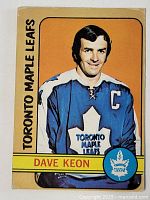 Front of the hockey card showing Dave Keon in a Toronto Maple Leafs jersey with captain 'C' and an orange background.