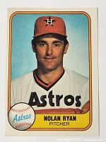 Front side of 1981 Fleer Nolan Ryan baseball card displaying player portrait in Astros uniform and team logo.