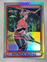 Front view of the 2003 OPC Patrick Roy refractor hockey card in Mint condition.