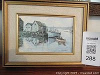 Full view of Keirstead framed print depicting a harbor scene with fishing boats and buildings.