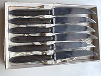 Top view of six silver plated steak knives with serrated blades and detailed black handles inside original storage box.