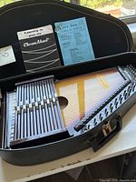 Photo showing the autoharp with starburst finish, chord bars, strings, and original hard carry case lining with pamphlets inside.