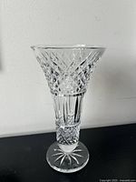 Front view of the Galway crystal vase showing the diamond cut pattern and flared rim.