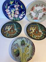 Photo showing all five decorative plates from the front, displaying floral ceramic designs.
