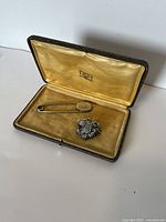 Open rectangular fabric case with satin lining and cushioned base holding silver lion head brooch and safety pin