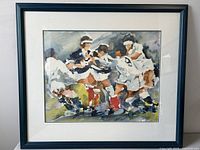 Framed watercolor painting of rugby scrum showing players in white against muted background