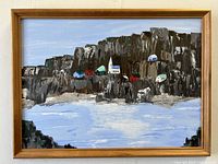 Close front view of the framed maritime cliffside oil painting, focusing on the houses and the church on the cliff.