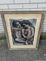 Framed mixed media painting showing two nude women sitting closely together, in earthy colors with a wooden frame and beige matting.