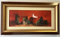 Full front view of the framed crimson hued Mediterranean town landscape oil painting on canvas signed Juric.