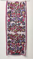 Full view of the scarf hanging, showing the entire floral and bird design in multiple colors on a light purple background with pink border.