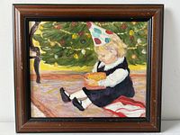 Front view of the framed oil painting showing the child in a party hat under a Christmas tree holding a gift box.