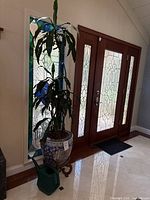 Photo of the tall green leafy plant in a blue and white decorative ceramic pot on a wooden stand next to a door with stained glass panels.