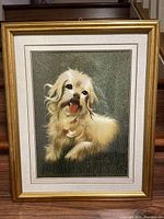Full framed hand-embroidered silk thread artwork showing a small light-colored dog against a muted green background.