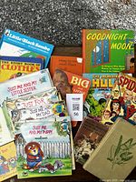 Books spread out on pavement showing variety of titles including Mercer Mayer Just Me series and classic children's books.