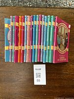 Full view of 18 Sweet Valley Twins books in assorted colors on wooden surface, showing spines and covers