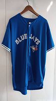 Full view of the blue Blue Jays baseball jersey with short sleeves, V-neck and snap buttons.