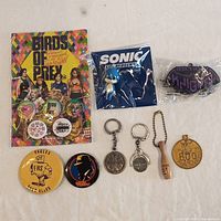 Full assortment of buttons and keychains laid out on fabric background including Birds of Prey buttons on card, Sonic the Hedgehog pin, and several keychains.