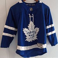 Front view of blue Toronto Maple Leafs jersey with white stripes and NHL logo patch at collar.