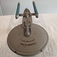 Top view of the U.S.S. Excelsior model showing the saucer and nacelles with markings