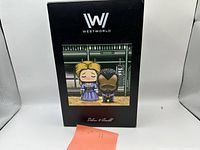 Front view of the Westworld black box packaging showing the vinyl figures of Dolores and Arnold in stylized form with large heads and small bodies, standing in front of a green building backdrop.