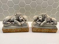 Front view of both lion figurines showing reclining lions on rectangular bases.