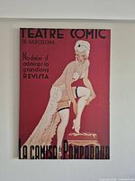 Full view of the vintage theatre print featuring a woman adjusting her stocking, with clear Catalan text and vibrant red background.