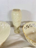 Bud vase foreground, raised rose detail, Lenox cream glaze