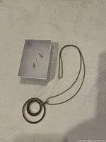 Photo showing sterling silver chain necklace with interlocking circular pendant and pair of hook earrings in a box.