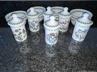 Six garden and herb spice jars with lids arranged on black countertop. Each jar has botanical illustrations and herb names.