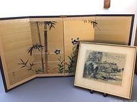 Full view of the vintage four-panel table screen and the framed Japanese landscape art side by side.